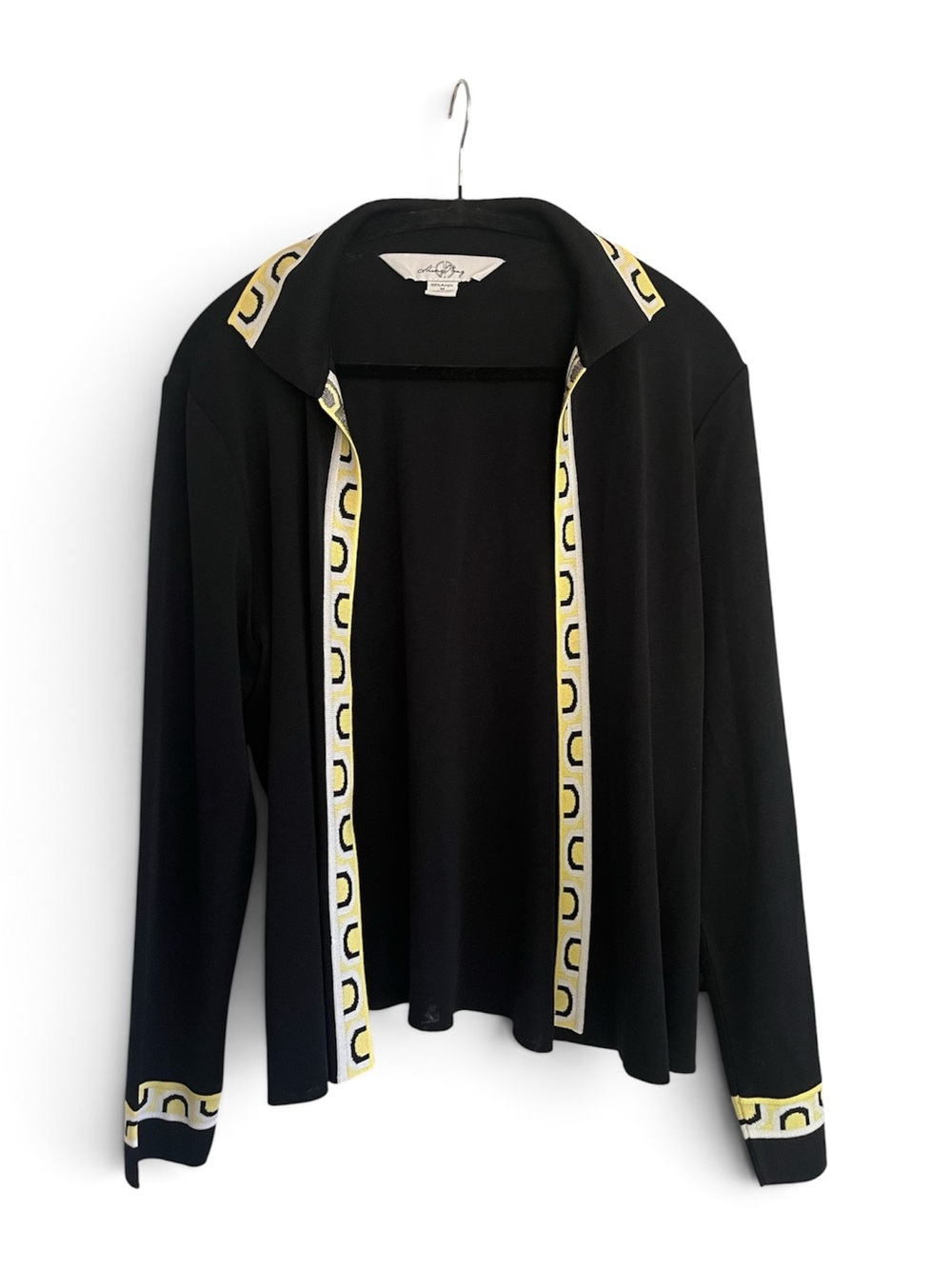Ming Wang Black Open Front Cardigan Sweater with Yellow & white Geometric M